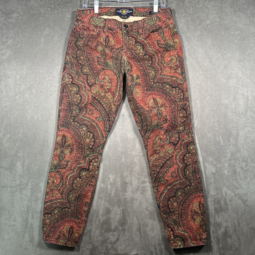 Lucky Brand Womens Sofia Skinny Red Paisley Jeans Medallion Print 12/31